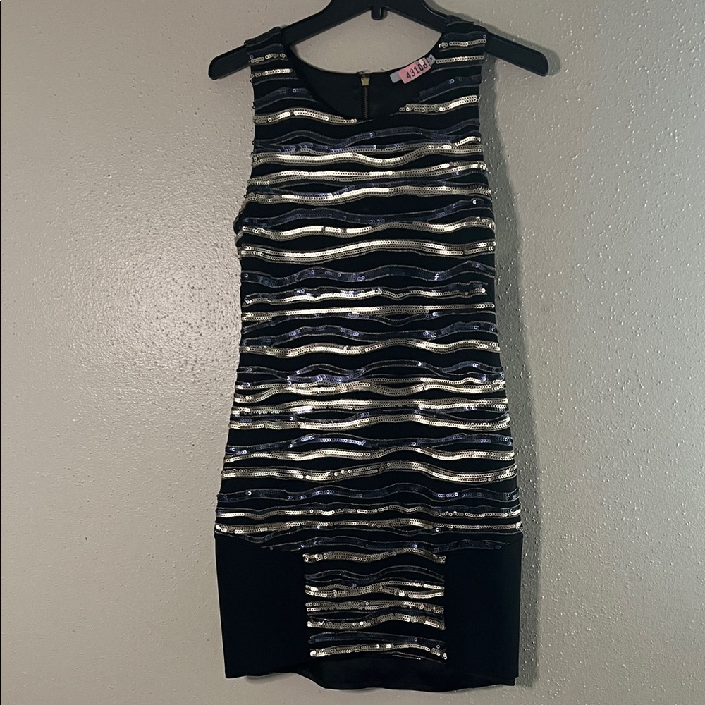 Elegant Black and Silver Striped Mini Dress